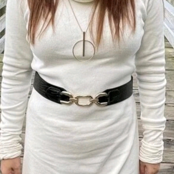 Womens Black Vegan leather elegant corset chunky Gold link boho wide waist belt - Picture 10 of 14